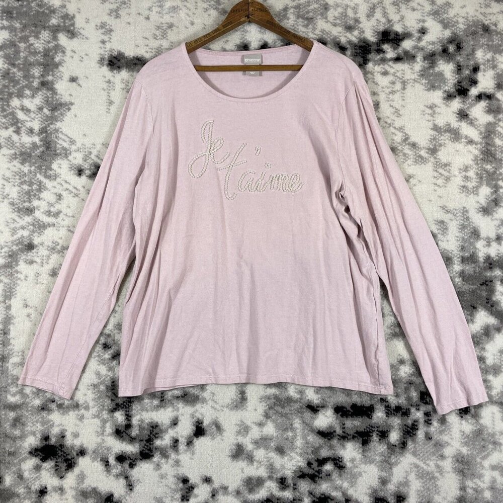 Chicos Top Womens Size Large (2) Embellished Pink Long Sleeve Je Taime Casual